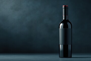 Elegant branding mockup: black wine bottle with blank label and reflective surface on a dark abstract scene