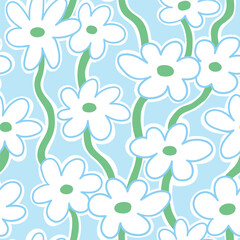 Vector abstract floral seamless pattern with white camomiles on blue background in doodle style. Сute contemporary minimalistic trendy boho background design for kids. Scandinavian nursery print