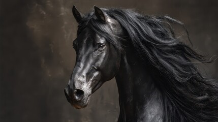 Elegant equine portrait: black Arabian horse with long mane on a deep charcoal backdrop