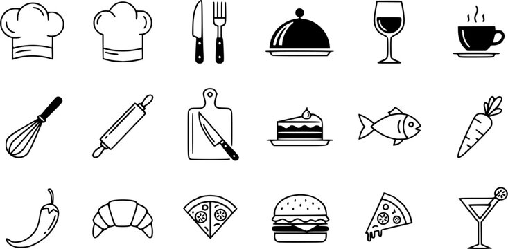 Simple hand-drawn kitchen utensils and cooking essentials in a clean line art style
