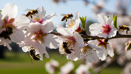 Obraz premium Bees Interacting with Almond Blossoms in Spring, Nature Photography, Outdoor Setting, Close-Up View, Nature's Harmony