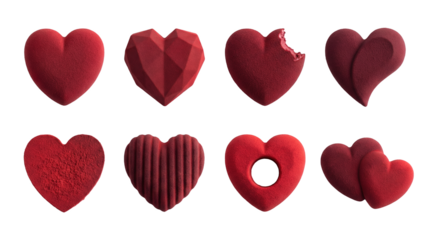 Red heart shaped cake set including velvet, geometric, bitten, and textured mousse desserts isolated. Gourmet Valentine day confectionery collection.