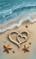 A beautiful sand heart on the beach with gentle waves and starfish in the surrounding area, evoking love and tranquility.