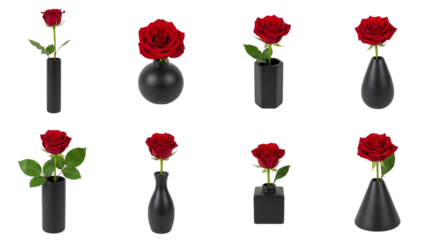 Red rose set including single stems in various black geometric ceramic vases isolated. Minimalist floral decor and flower arrangement collection.