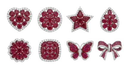 Luxury ruby jewelry set including heart, star, butterfly, bow, and floral shapes isolated. Fine diamond gemstone accessories collection.