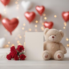 A cozy scene with a teddy bear, red roses, and hearts perfect for love notes or romantic occasions.