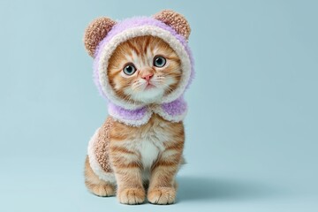 A cute ginger kitten dressed in a cozy bear costume, showcasing an adorable expression against a soft blue background.