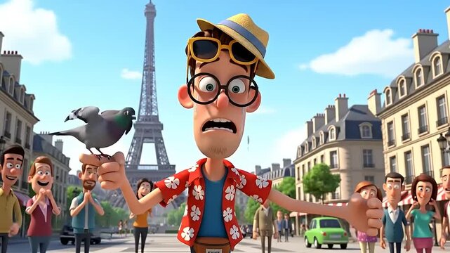 Confused Tourist with Map and Pigeon in Paris.