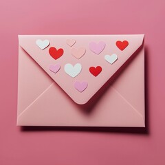 A pink envelope adorned with colorful heart stickers on a soft pink background, perfect for expressing love.