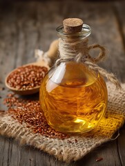 A rustic bottle of golden oil surrounded by flaxseed on a wooden surface, showcasing natural ingredients and health benefits.