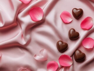 A romantic setting with heart-shaped chocolates and pink petals on a smooth satin fabric, perfect for special occasions.
