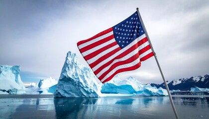 Large iceberg with superimposed American flag during vibrant Arctic sunset, surrounded by snowy mountains and ocean.