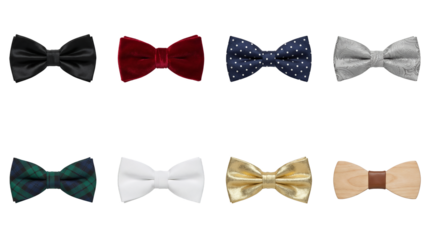 Bow tie set including satin, velvet, polka dot, paisley, plaid, and wooden styles isolated. Formal neckwear and fashion accessories collection.