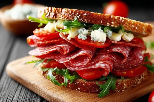 Gourmet Open Faced Salami Sandwich with Juicy Tomatoes and Fresh Arugula on Rustic Wooden Board - Powered by Adobe