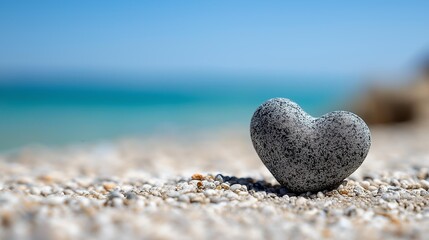 A unique heart-shaped rock on a sandy beach, symbolizing love and nature's beauty in a serene coastal environment.