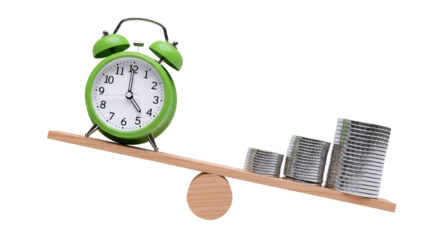 Green alarm clock and stacked coins on balance scale, isolated on transparent background