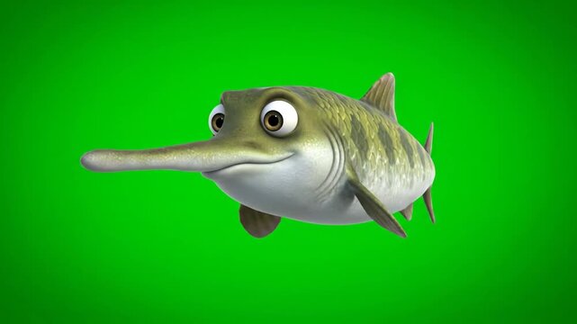 A friendly cartoon fish with a long snout swims on a greenscreen background, perfect for animation projects