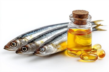 Fresh fish with bottle of oil and capsules, showcasing health benefits of omega-3 fatty acids for diet and wellness.