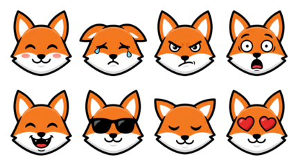 Cartoon red fox face set including happy, crying, angry, shocked, laughing, cool, sleeping, and love expressions isolated. Mascot character stickers and emotion icons.