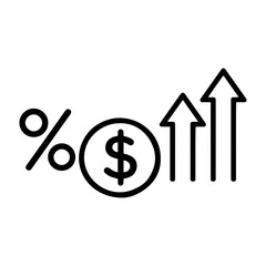 Obraz premium Black line icon featuring percentage dollar sign and upward arrows symbolizing financial profit