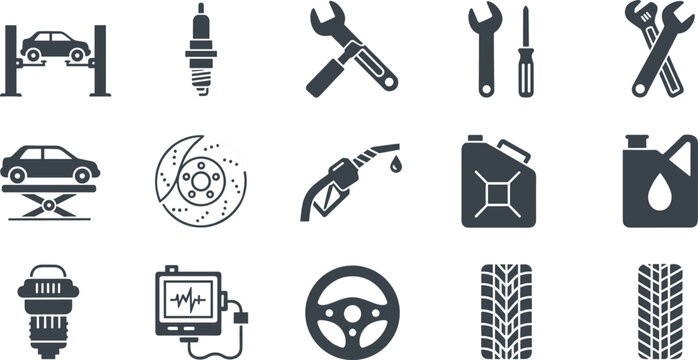 Car maintenance and auto repair icons set with tools parts and vehicle service equipment