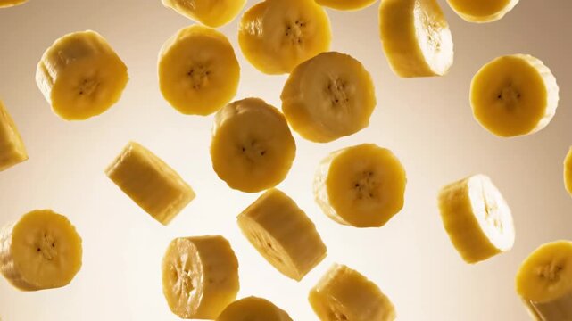 Freshly Sliced Banana Rounds Falling in a Dynamic Display