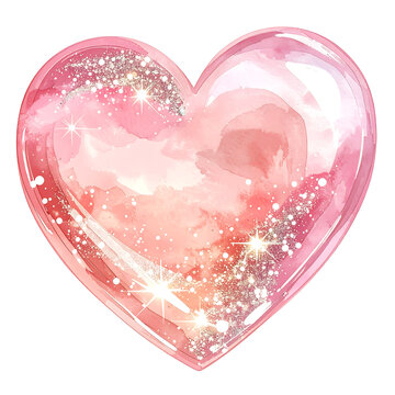 Sparkling pink heart watercolor with glitter and stars, romantic glossy valentine illustration, soft pastel texture