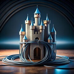 Miniature medieval castle wrapped in blue cables on wooden surface, symbolizing connectivity, protection, and fusion of old and new