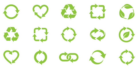 Recycle vector icon set. Arrows, heart and leaf recycle eco green symbol. Rounded angles. Recycled signs illustration isolated on white background. Recycling arrow ecofriendly. Vector Illustration. 