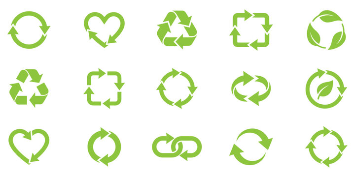 Recycle vector icon set. Arrows, heart and leaf recycle eco green symbol. Rounded angles. Recycled signs illustration isolated on white background. Recycling arrow ecofriendly. Vector Illustration. 