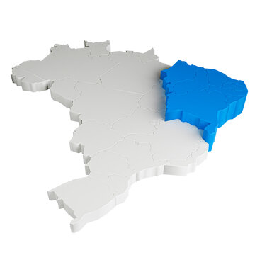 Mapa do Brasil em 3D com regi&atilde;o Nordeste destacada