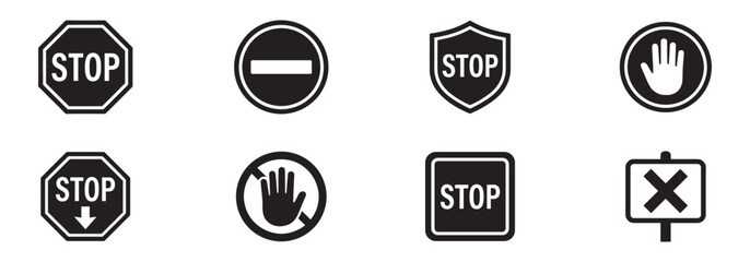 Stop icon set. Stop sign. Stop symbol with hand. Red stop sign icon set. Do not enter. Danger. Traffic signs. Vector illustration. EPS 10 © Jeremy_Show