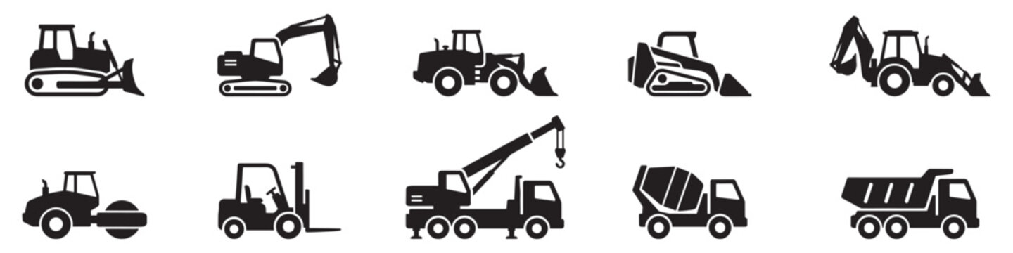 Set of construction machines. Construction transport icons. Collection of black construction vehicle icons including excavators bulldozers cranes and dump trucks isolated on white background.