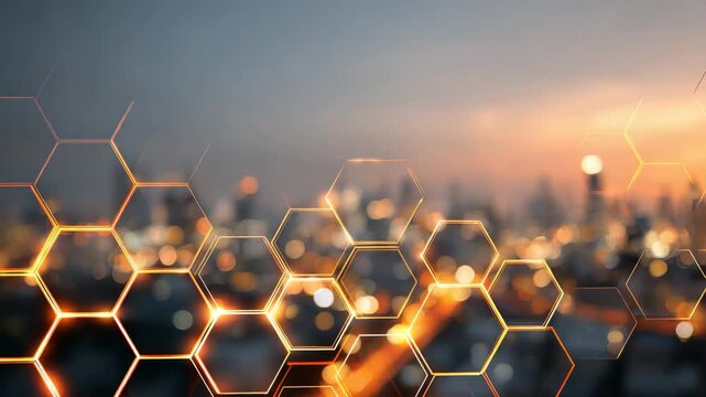 Golden hexagons overlay cityscape at sunset with blurred background