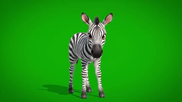 Majestic animated zebra render standing confidently on a vibrant greenscreen, perfect for seamless video integration and captivating wildlife projects