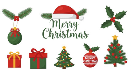 Vector set of Christmas elements and icons featuring a green fir tree with gold star ornaments and holiday gift boxes for a New Year celebration