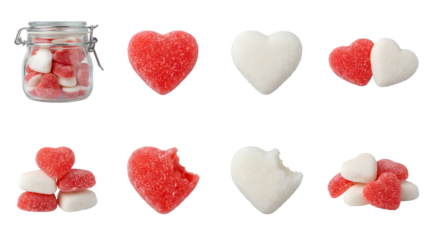 Sugar coated heart shaped jelly candy set including jar, single red and white pieces, bitten, stacked, and piled groups isolated. Valentine's day sweet collection.