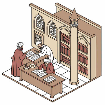Islamic scholars writing manuscripts in a library