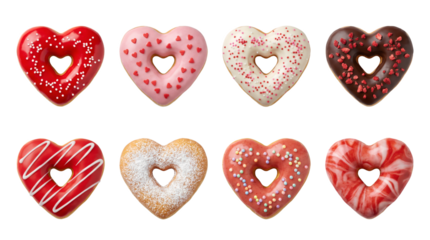 Heart shaped donut set including glazed, powdered, chocolate, and sprinkled varieties isolated. Valentine's Day dessert and bakery collection.