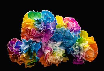  Kolorowe tęczowe goździki zbliżenie na czarnym tle.