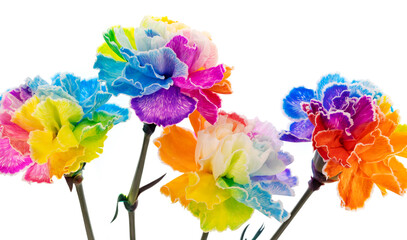  Kolorowe tęczowe goździki zbliżenie na białym tle.