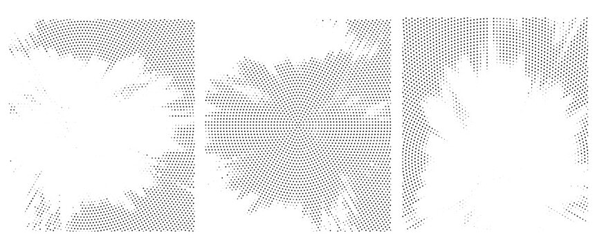 Halftone circle dotted frame circularly distributed set. Abstract dots logo emblem design element. Round border Icon using random halftone circle dot texture.
