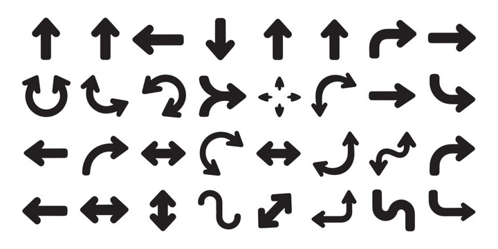 Collection of various black arrow icons and symbols pointing in different directions on white background