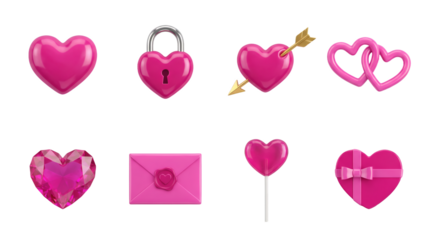 Pink heart collection including glossy, lock, arrow, interlocking, gemstone, envelope, lollipop, and gift box variants isolated. Valentines day and romantic love symbols.
