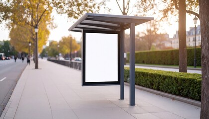 Blank Advertisement Billboard at Bus Stop on City Street.