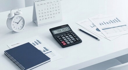 Fototapeta premium Tax season concept with calculator, alarm clock, and financial charts on white office desk. Accounting audit, tax return deadline, budget planning, and business finance strategy.