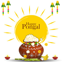 Happy pongal festival poster with clay pot, overflowing rice and sun illustration