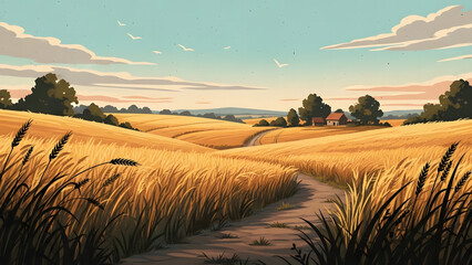 Fototapeta premium Golden Wheat Field Pathway in Pastoral Landscape