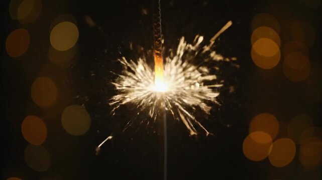 A close-up animation of a single burning sparkler with beautiful golden sparks and bokeh lights, a perfect concept for New Year's Eve and celebrations