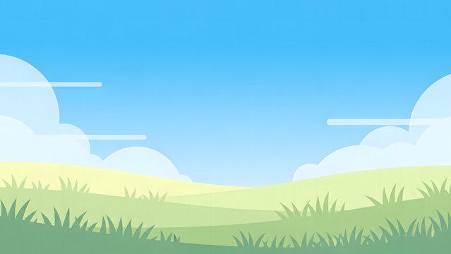 Illustration of a serene summer landscape with rolling hills and fluffy clouds